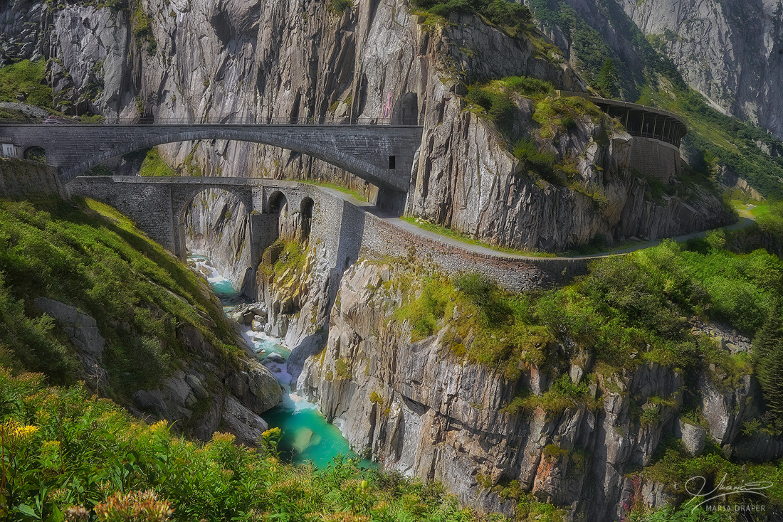 Devil's Bridge, Andermatt | This bridge, called by locals Teufelsbrücke (German for Devil's Bridge), is located in a the highly scenic  Reuss valley and river with the same name, which crosses the Schollennen Gorge, on the old road to Andermatt / Gotthard


